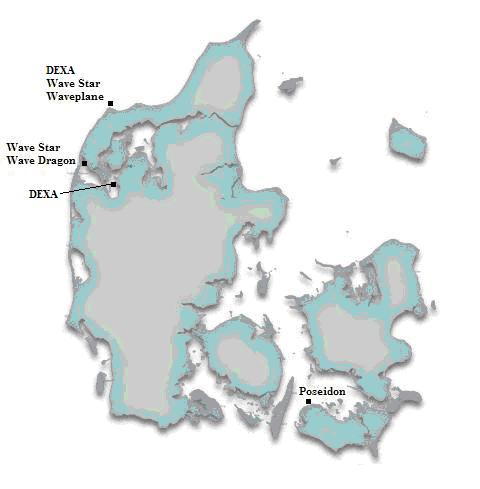 Placement of wave plants shown on map of Denmark