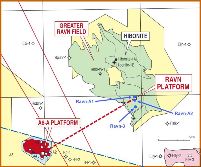 Oversigtskort over placeringen af Ravn-feltet og placeringen af brøndene A1 og A2.