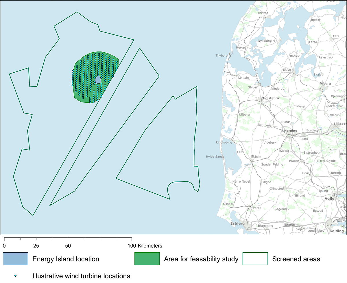 Map of areas indicating the location of island and offshore wind in the North Sea. The Danish Energy Agency.
